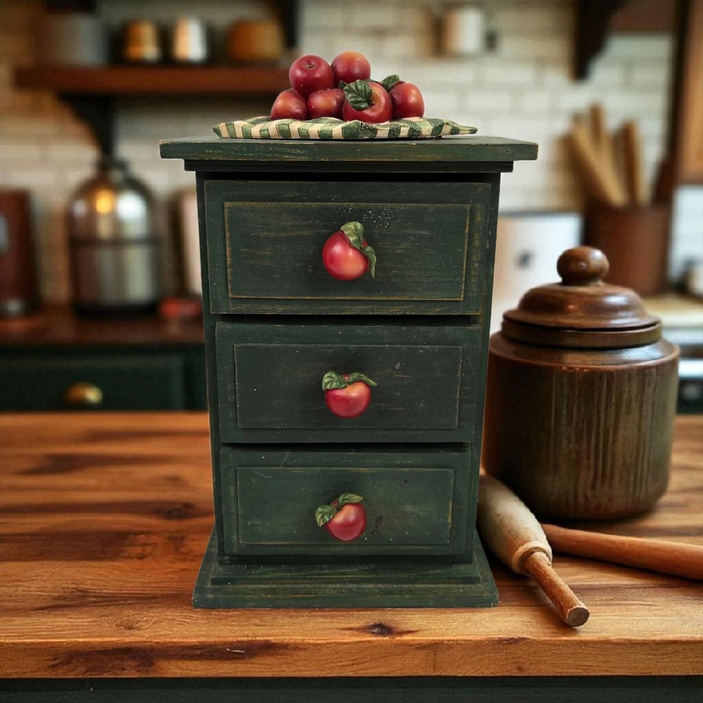 Vtg 3 Drawer Table Top Wooden Chest Country Apple Theme Green Farmhouse 9"